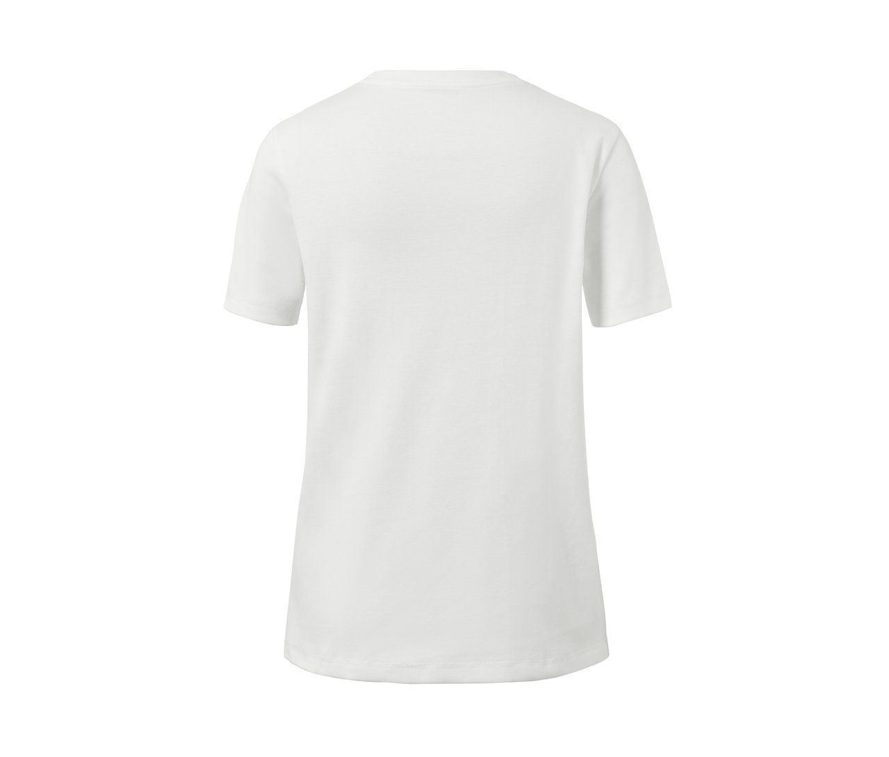 Hátulnézet egy krémszínű Basic pólóról.