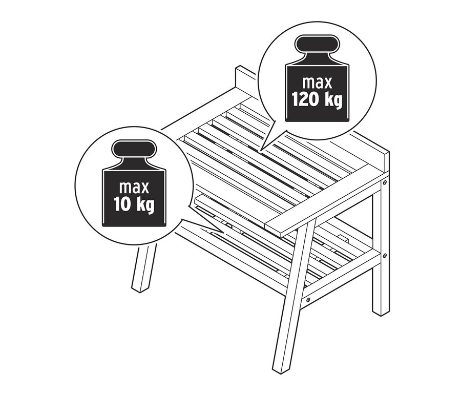 Rajz egy fa ülőkéről, tölgy színben, maximális terhelhetősége 120 kg a felső polcon és 10 kg az alsó polcon.