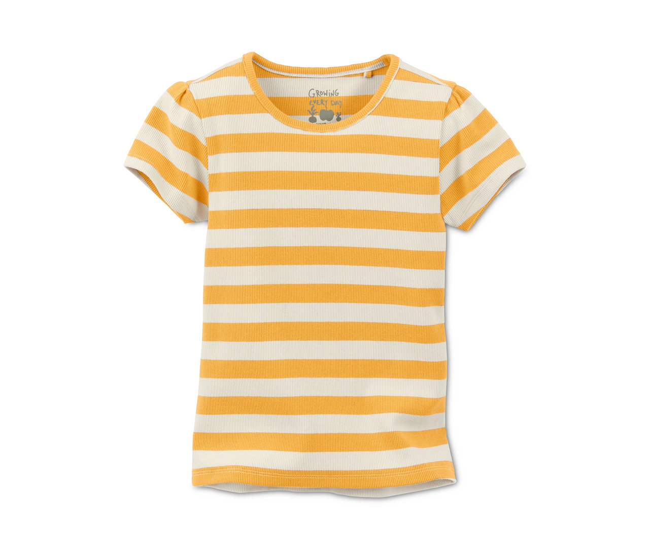 Sárga-krém csíkos, bordázott póló.