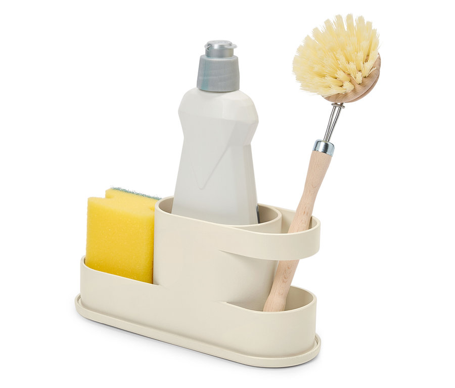 Tároló szivaccsal, mosogatószeres flakonnal és kefével.