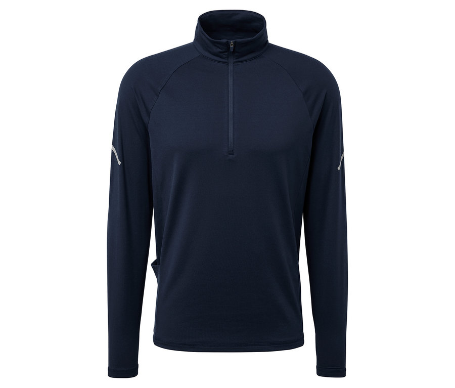 Sötétkék, hosszú ujjú sportfelső cipzárral a nyakánál.