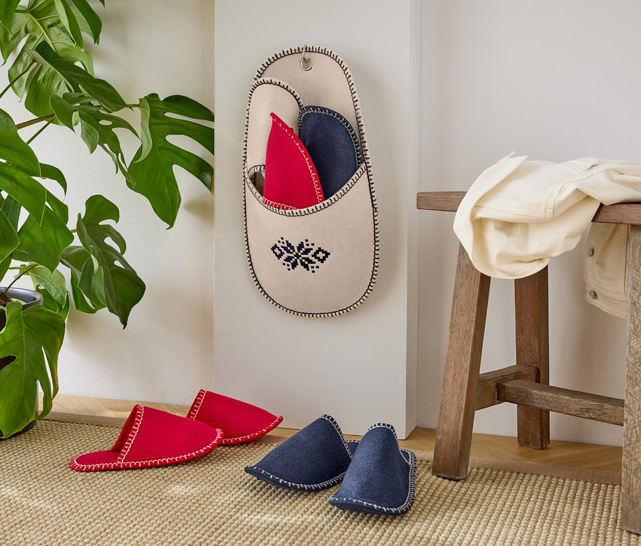 Piros és kék papucsok a falnál egy cserepes növénnyel.