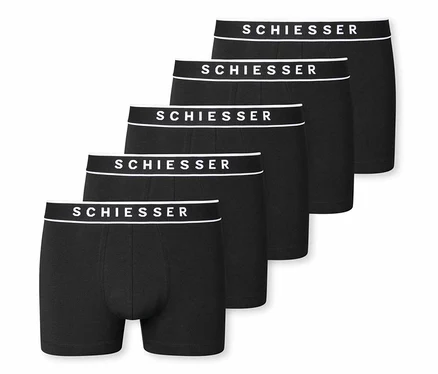 Öt fekete SCHIESSER boxeralsó, fehér derékpánttal, a márkanévvel.
