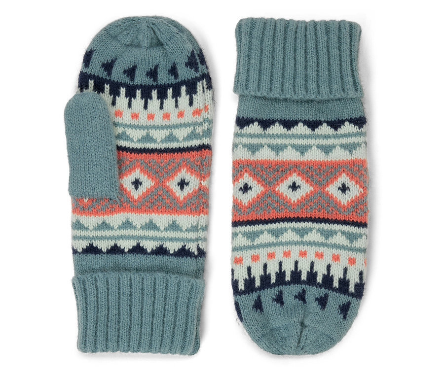 Két kötött kesztyű kék és narancssárga színben, geometrikus mintákkal.