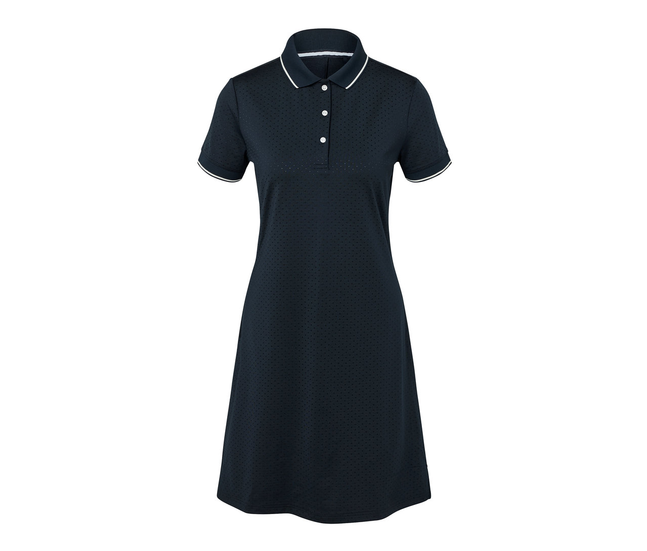 Sötétkék sportruha fehér szegéllyel.