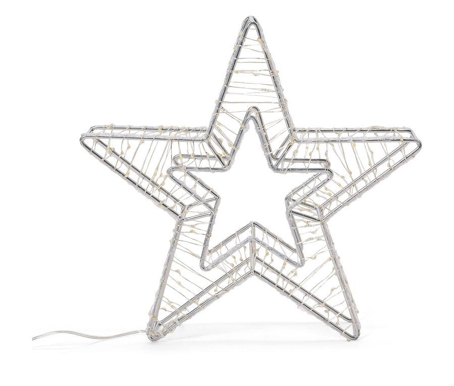 Ezüstszínű drótcsillag LED-es fényekkel, fehér háttérrel.