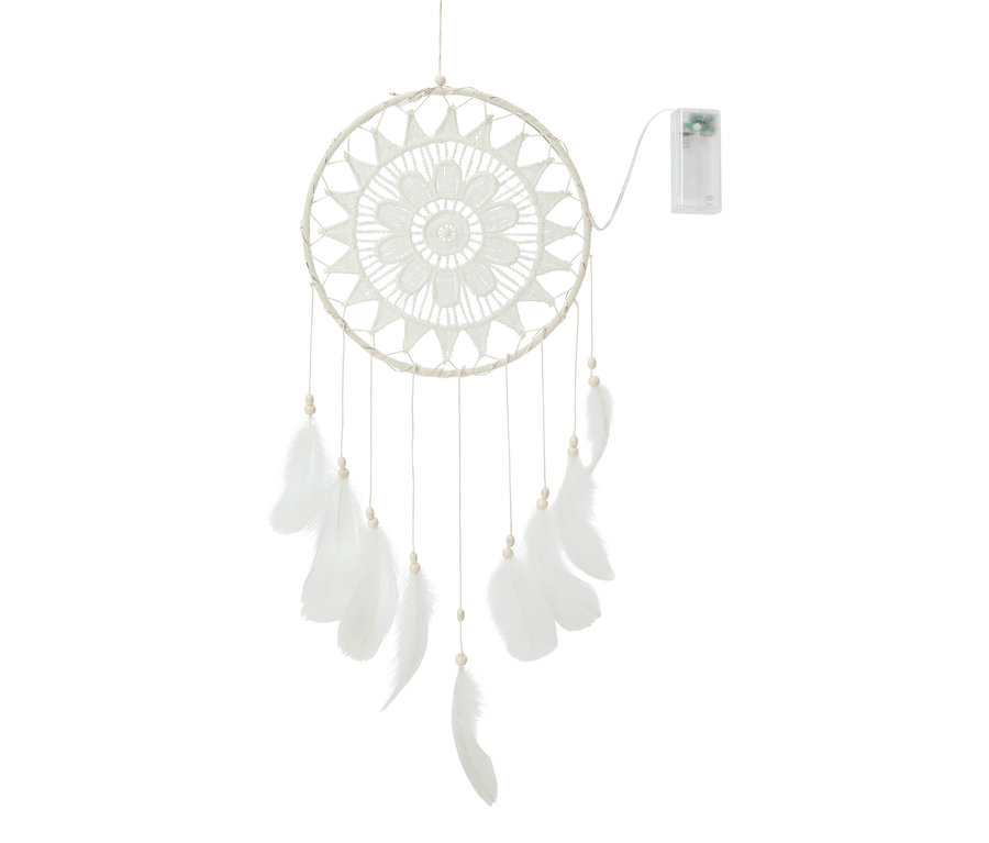 Függő LED-lámpás álomfogó fehér körrel és tollakkal.