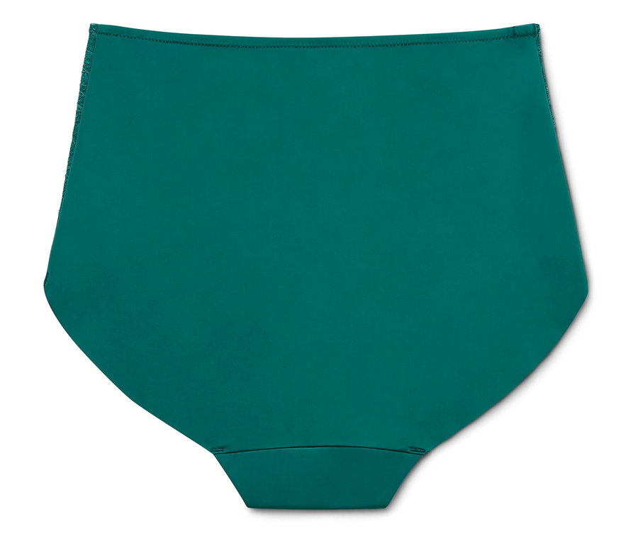 Sötétzöld, magas derekú bikini alsó fekszik fehér háttéren.