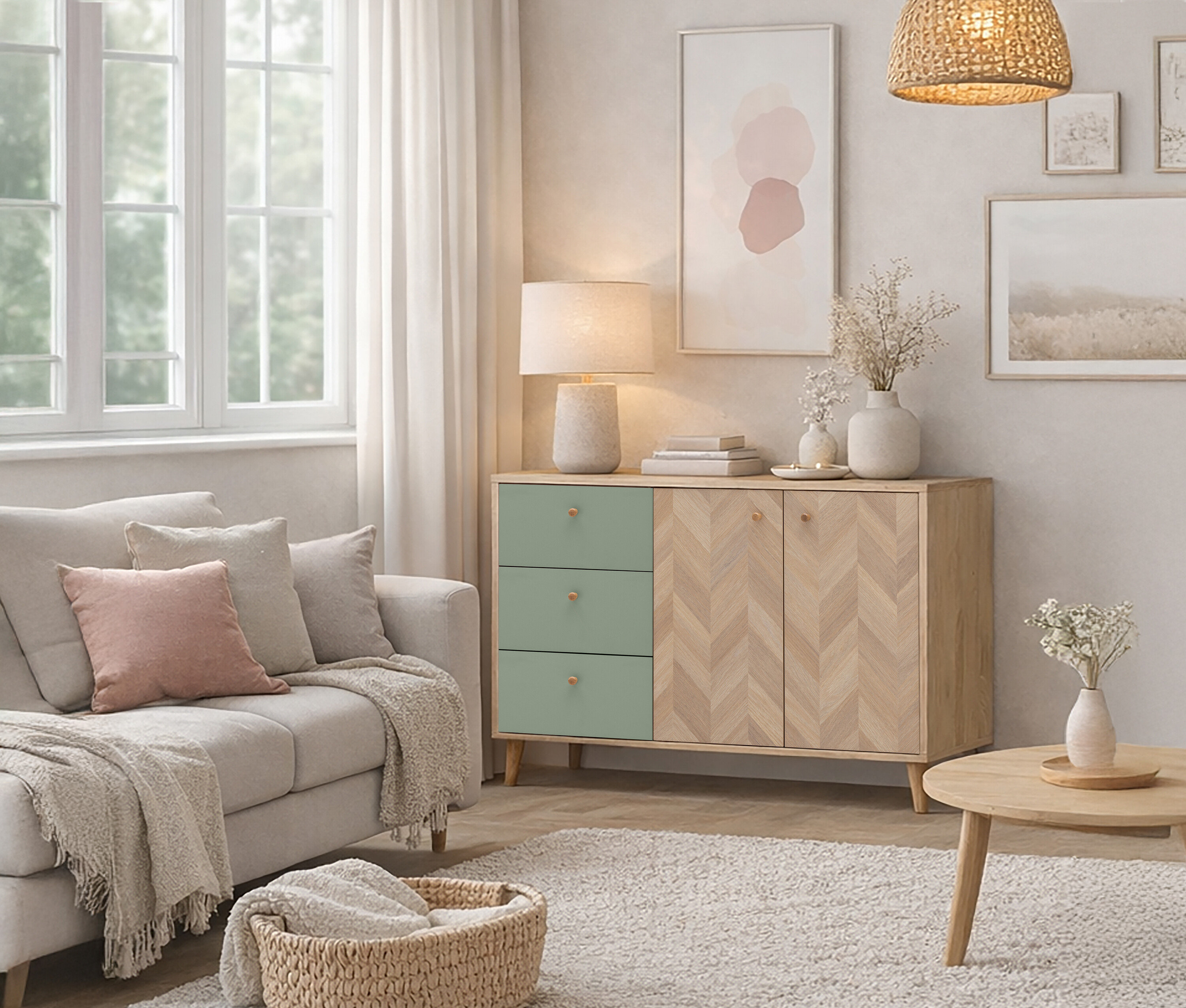 Nappali kanapéval, fiókos komóddal és dekorációkkal, szőnyeggel és kosárral.