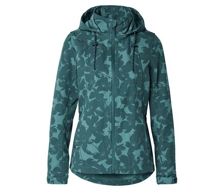 Sötétzöld softshell dzseki virágmintával és kapucnival.