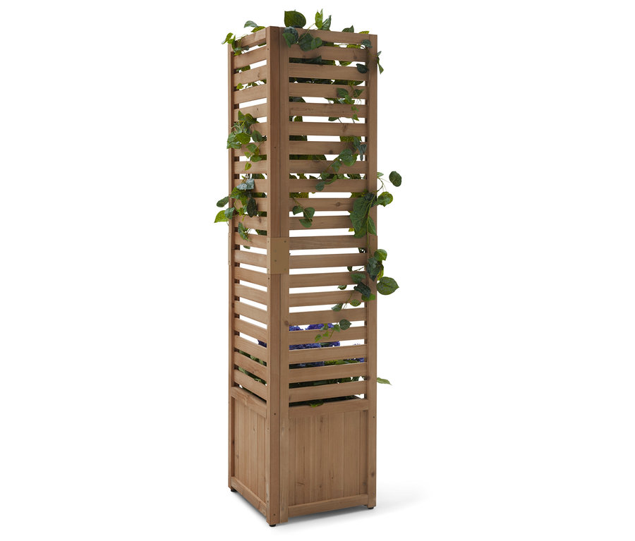 Fa oszlop vízszintes résekkel és növényekkel.