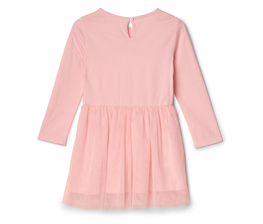 Rózsaszín, hosszú ujjú ruha tüllszoknyával, hátulnézet.