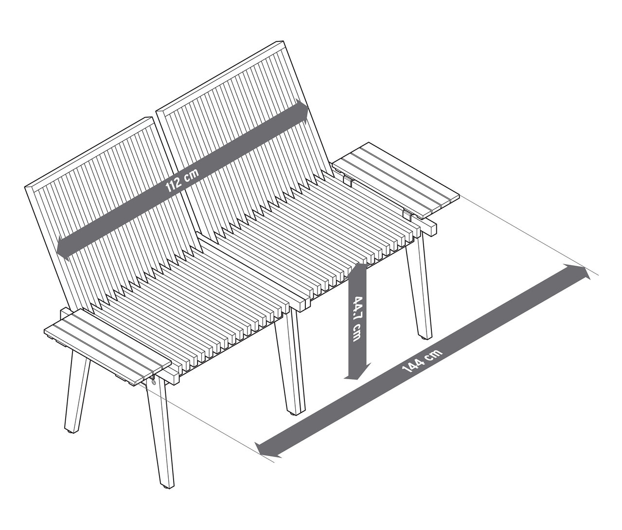 Egy rugalmas beszélgetőpad vázlata szélességi és magassági méretekkel.