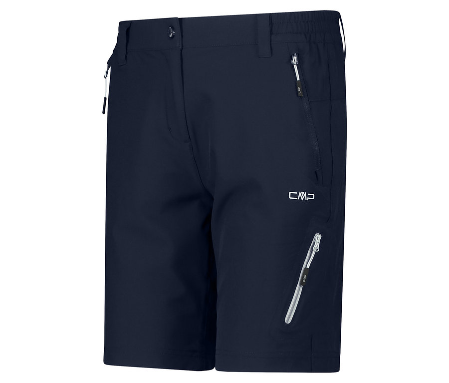 A sötétkék CMP Damen-4-Wege-Stretch-Bermuda-Shorts cipzáras zsebekkel közeli képe.