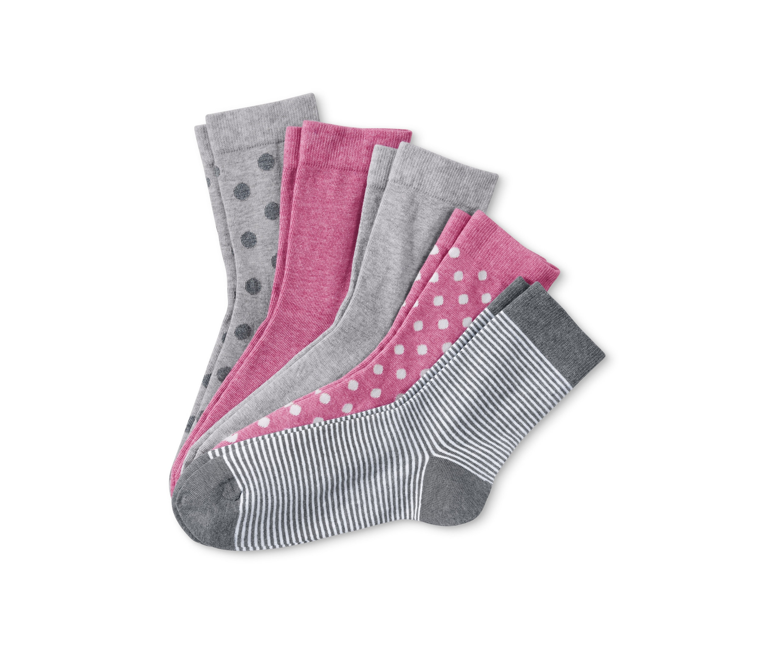 Öt pár zokni különböző mintákkal: szürke pöttyös, rózsaszín, szürke, rózsaszín pöttyös és csíkos.