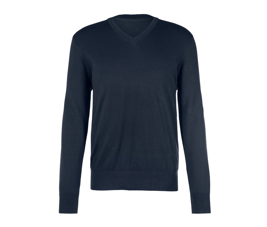 Sötétkék, V-nyakú pulóver.