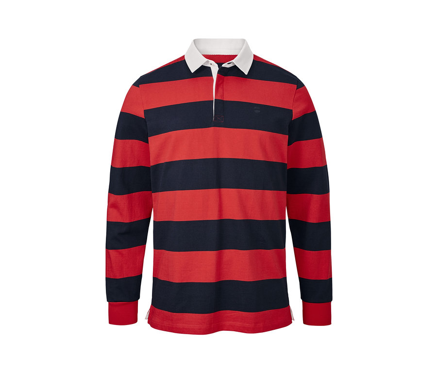 Csíkos, sötétkék/piros férfi hosszú ujjú pólóing.