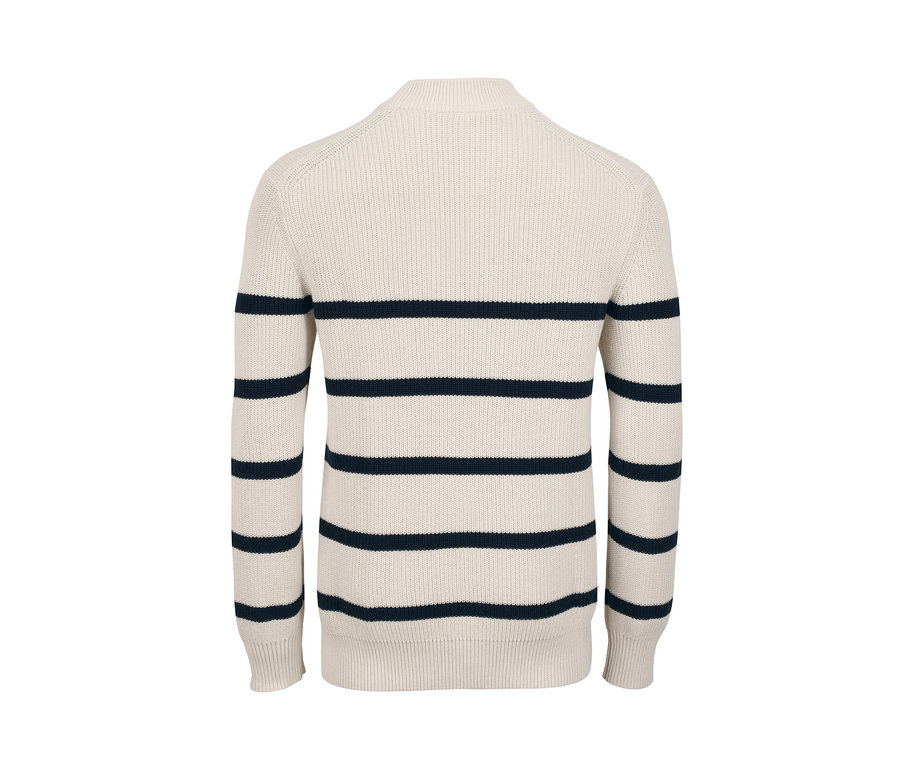 Kötött férfi pulóver hátulnézete, krémszínű alapon sötétkék csíkokkal.