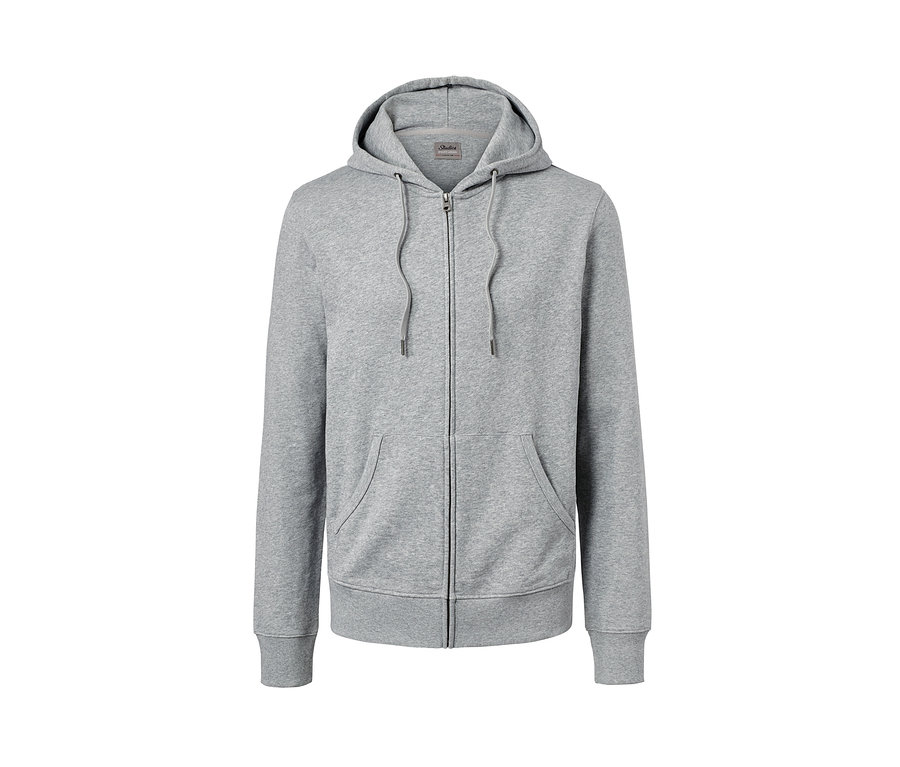 Szürke, cipzáros, kapucnis férfi szabadidőfelső.