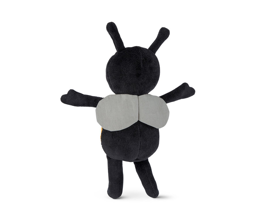 Fekete plüss méhecske szürke szárnyakkal.