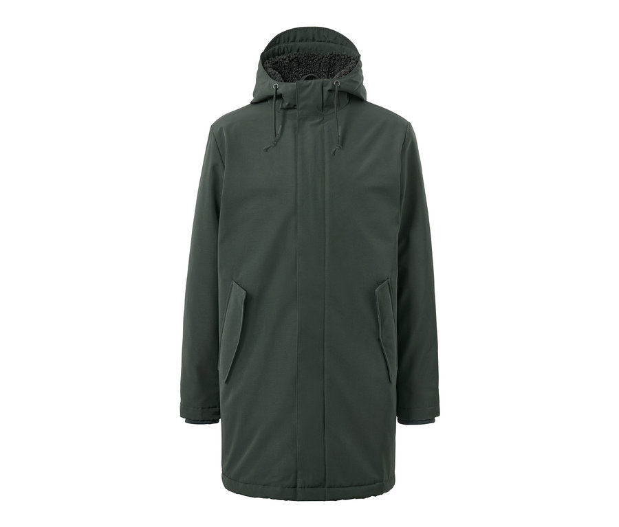 Zöld parka kabát kapucnival.