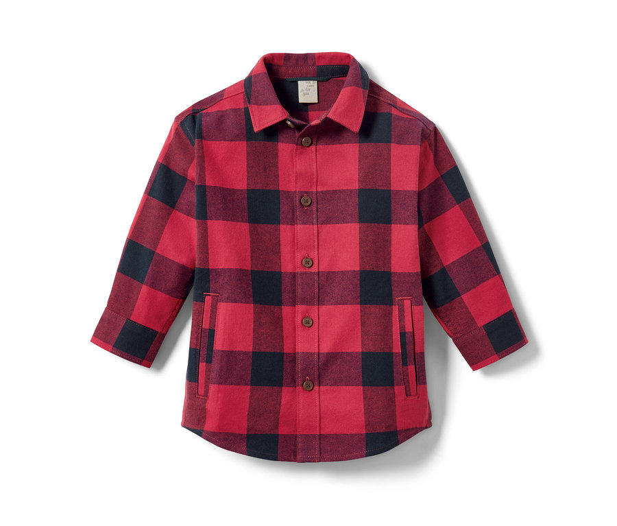 Piros-fekete kockás mintájú, gombos kisfiú flaneling.