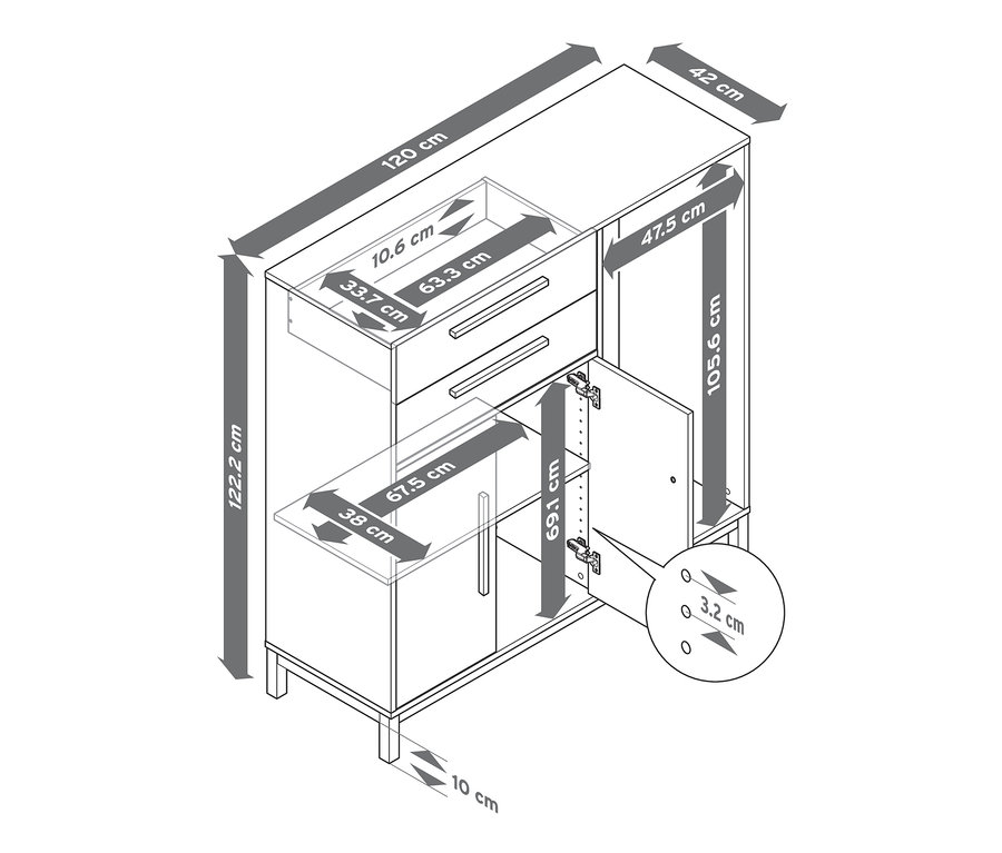 A »Eklund« komód méretei ruhasínnel.