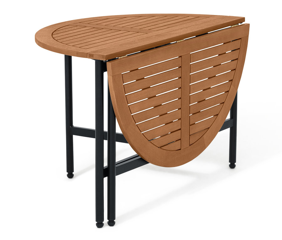 Egy részben kinyitott „Elin” kihajtható asztal fa asztallappal és fekete lábakkal.