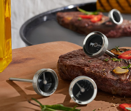 Szeletek grillezett zöldségekkel és 4 grillhőmérővel.