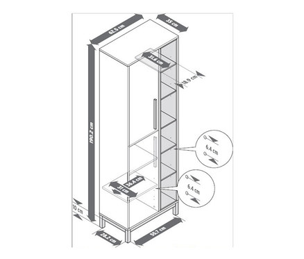 A képen egy fehér, 2 ajtós fürdőszobai szekrény látható méretekkel.