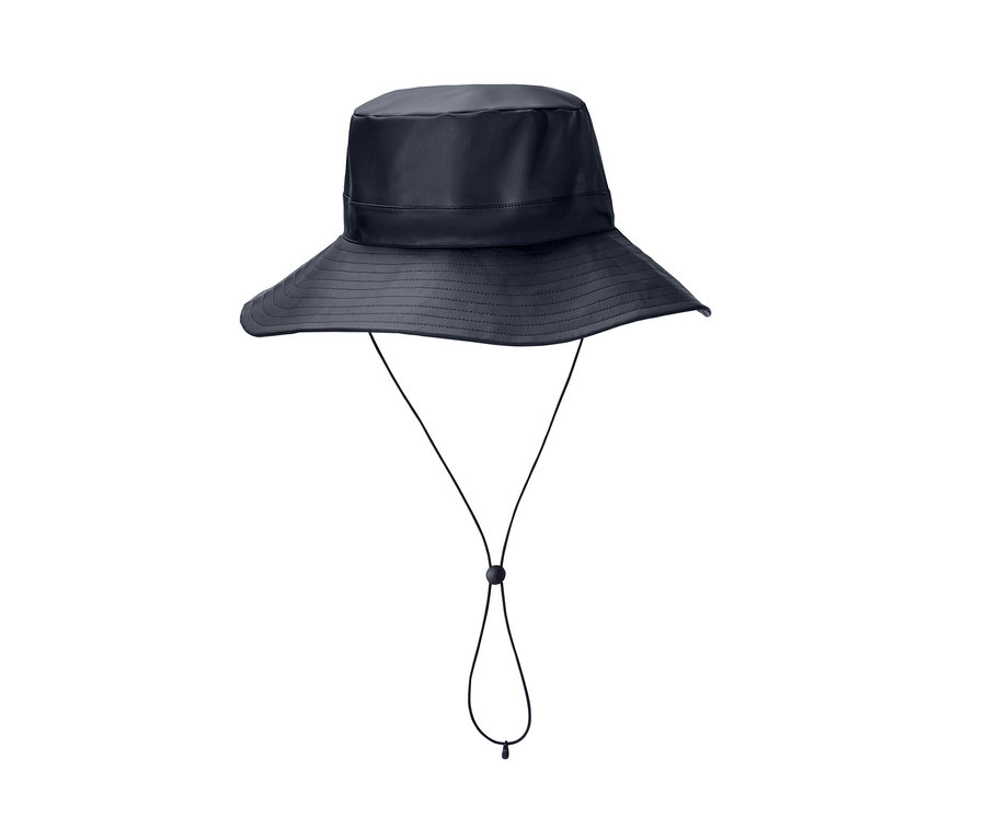 Sötétkék esőkalap állítható zsinórral.