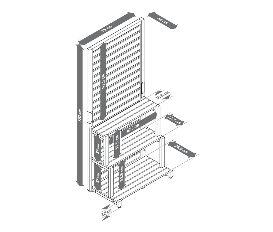 Az »Elin« belátásgátló polcmodul illusztrációja méretekkel.