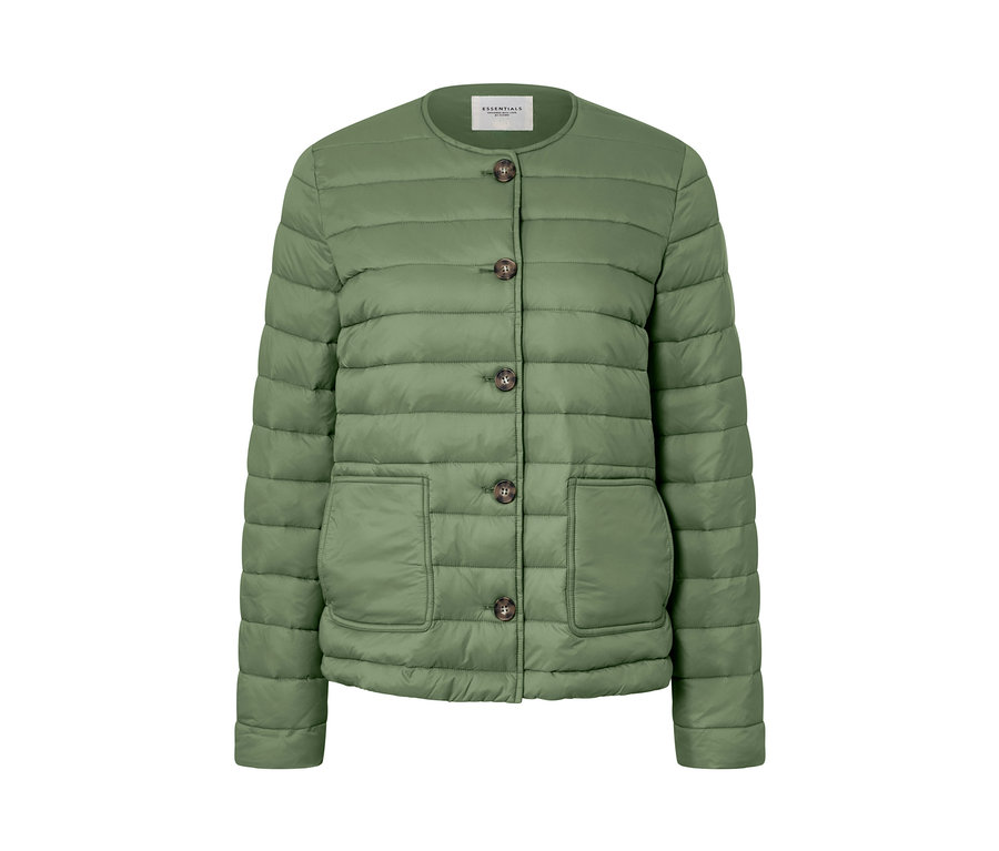 Zöld, steppelt női dzseki barna gombokkal.