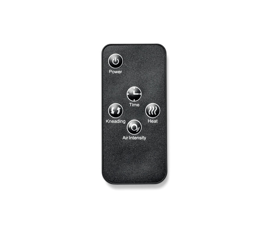 Fekete távirányító lábmasszírozóhoz be/ki kapcsoló, idő, gyúrás, hő és levegő intenzitás gombokkal.