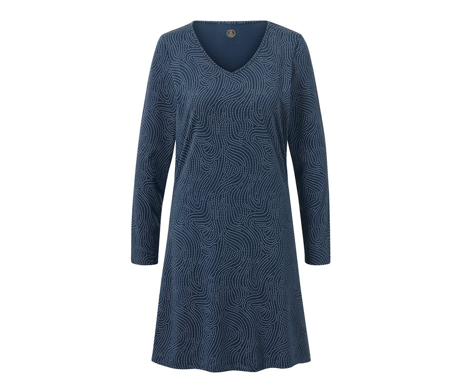 Kék, hosszú ujjú, fehér mintás női hálóing.