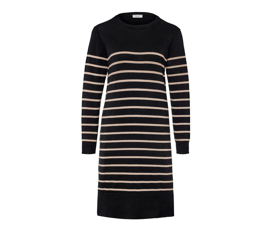 Fekete-bézs csíkos finomkötésű ruha.