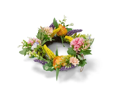 Virágos díszkoszorú rózsaszín, sárga és lila virágokkal.