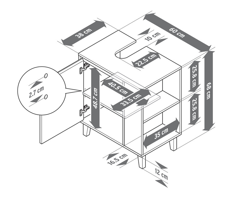 Egy mosdó alatti szekrény rajza, 1 ajtóval, fehér/fa színben, méretekkel együtt.