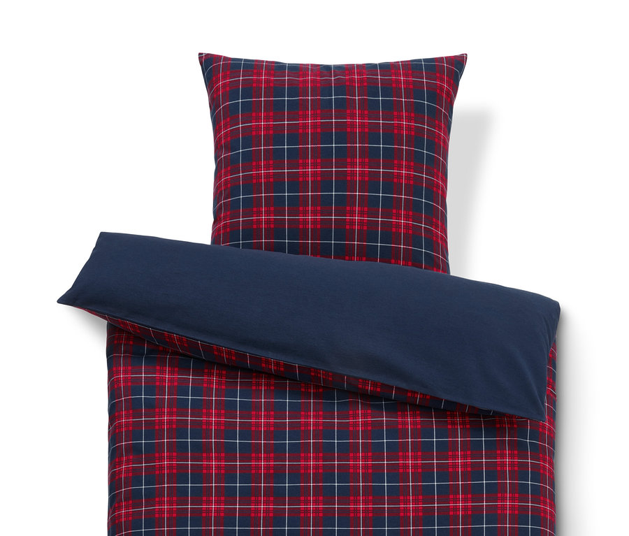 Piros-kék kockás pamutflanel ágynemű.