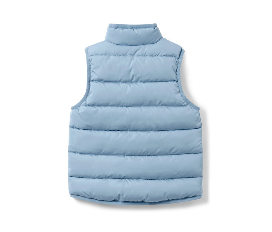 Kék, kisgyerek steppelt mellény hátulnézetből.