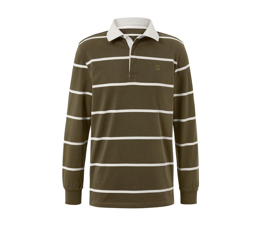 A képen egy olíva színű, fehér csíkos férfi hosszú ujjú pólóing látható.