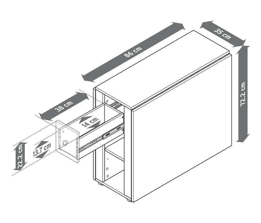 Egy szekrény rajza nyitott fiókkal és kiemelt méretekkel.