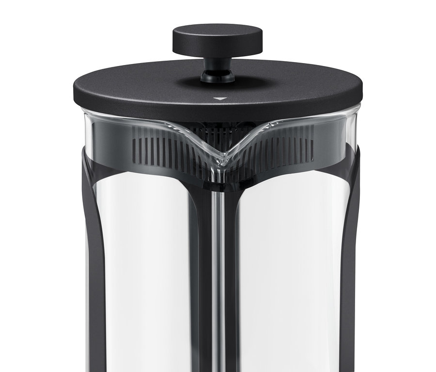 Egy fekete, 800 ml-es dugattyús kávéfőző részlete.