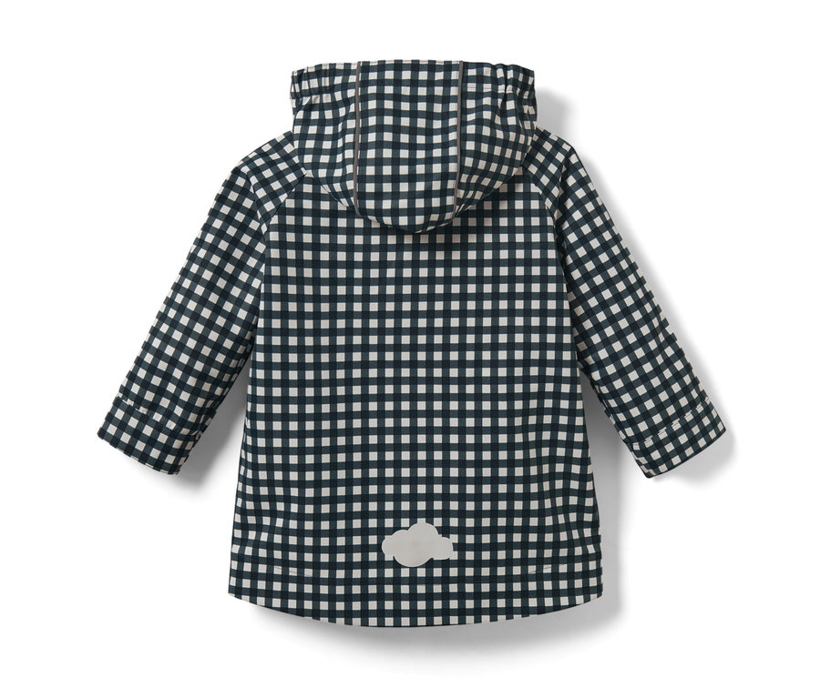Kockás, fekete-fehér kisgyerek esőkabát kapucnival.