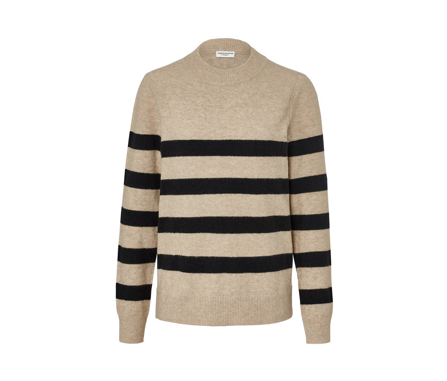 Csíkos kötött pulóver bézs és fekete színben.