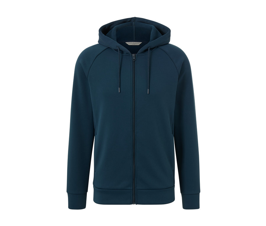Egy sötétkék funkcionális kapucnis felső középen cipzárral.