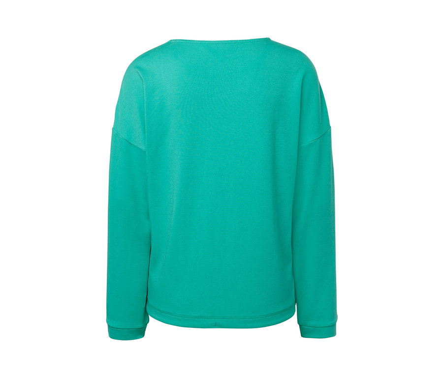 Hátulnézet a türkiz színű női szabadidőfelsőről.