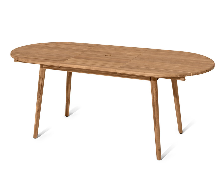 Egy ovális kihúzható asztal barna fából, négy lábbal.