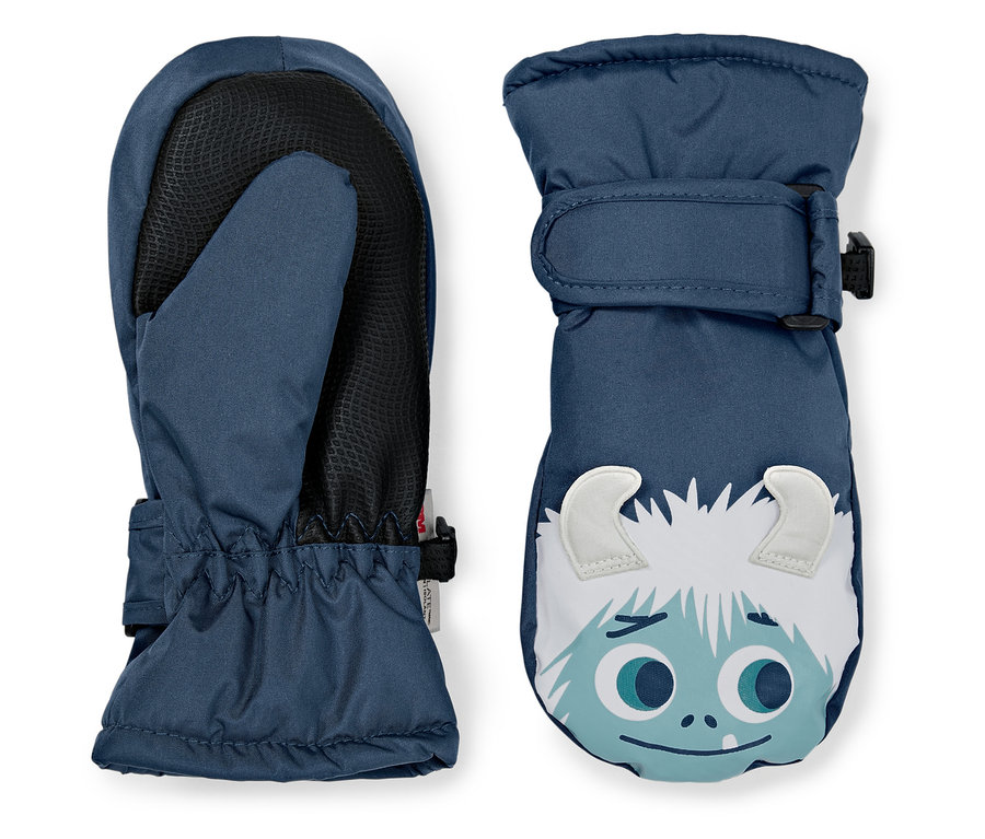 Két kék gyerek kesztyű rajzfilmfigurás arccal.