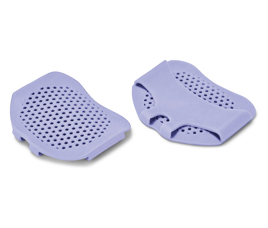 Két lila alátét lyukakkal, fehér háttérrel.